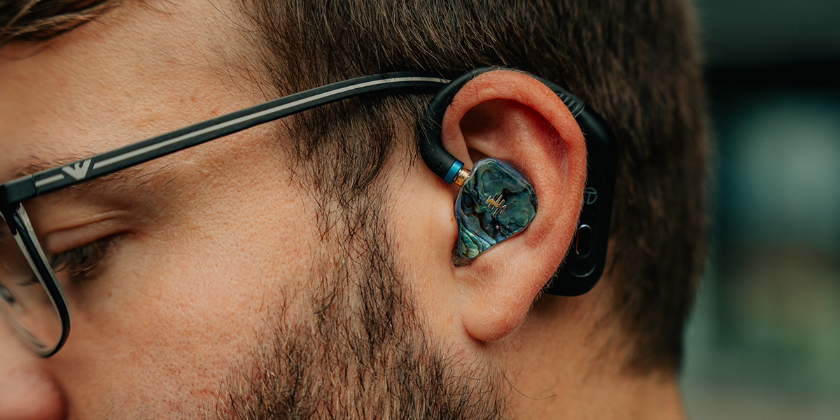 Musician wearing WAVS custom in-ear monitors