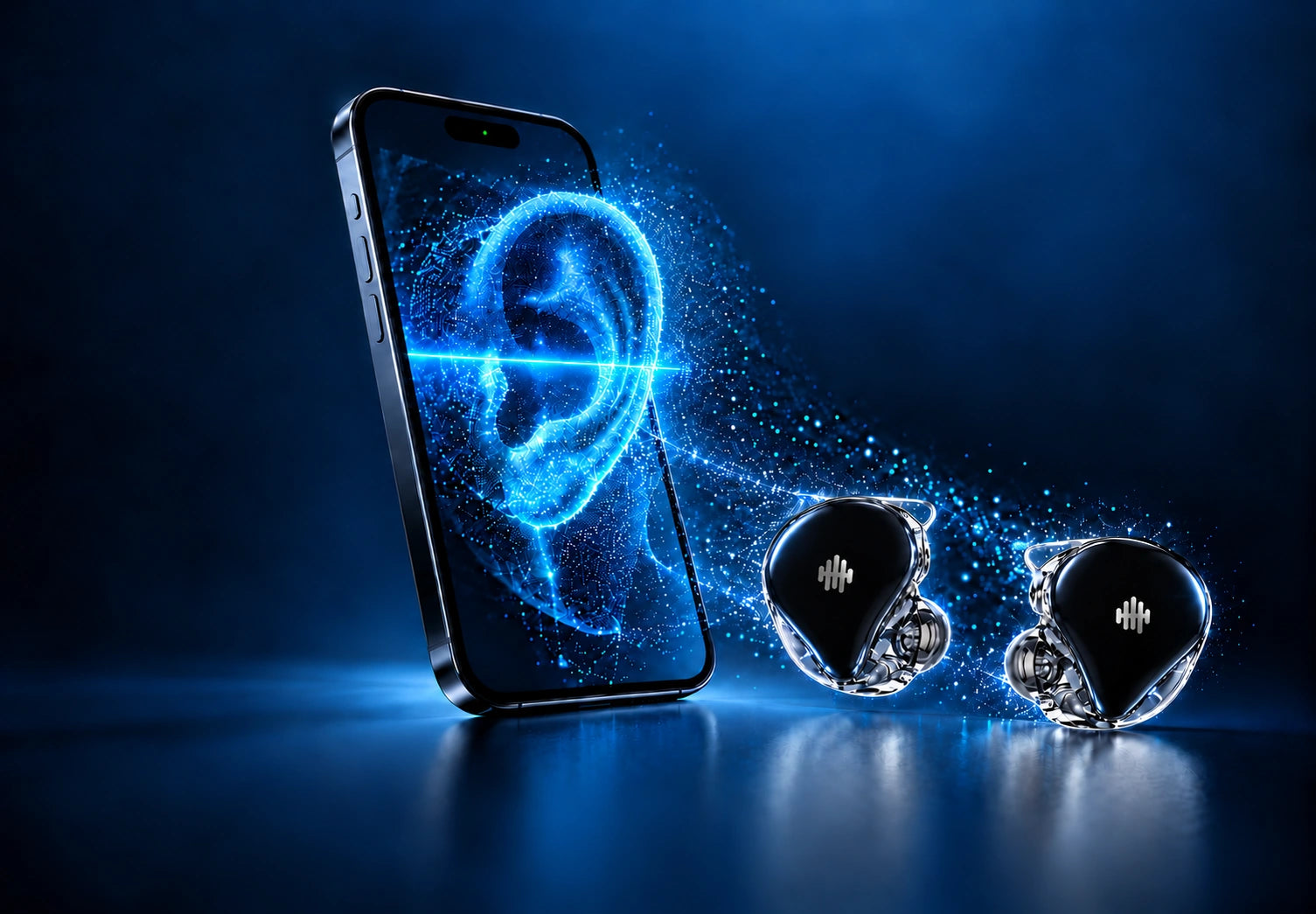 A glowing ear scan emerging from a phone beside a pair of WAVS custom in-ear monitors.
